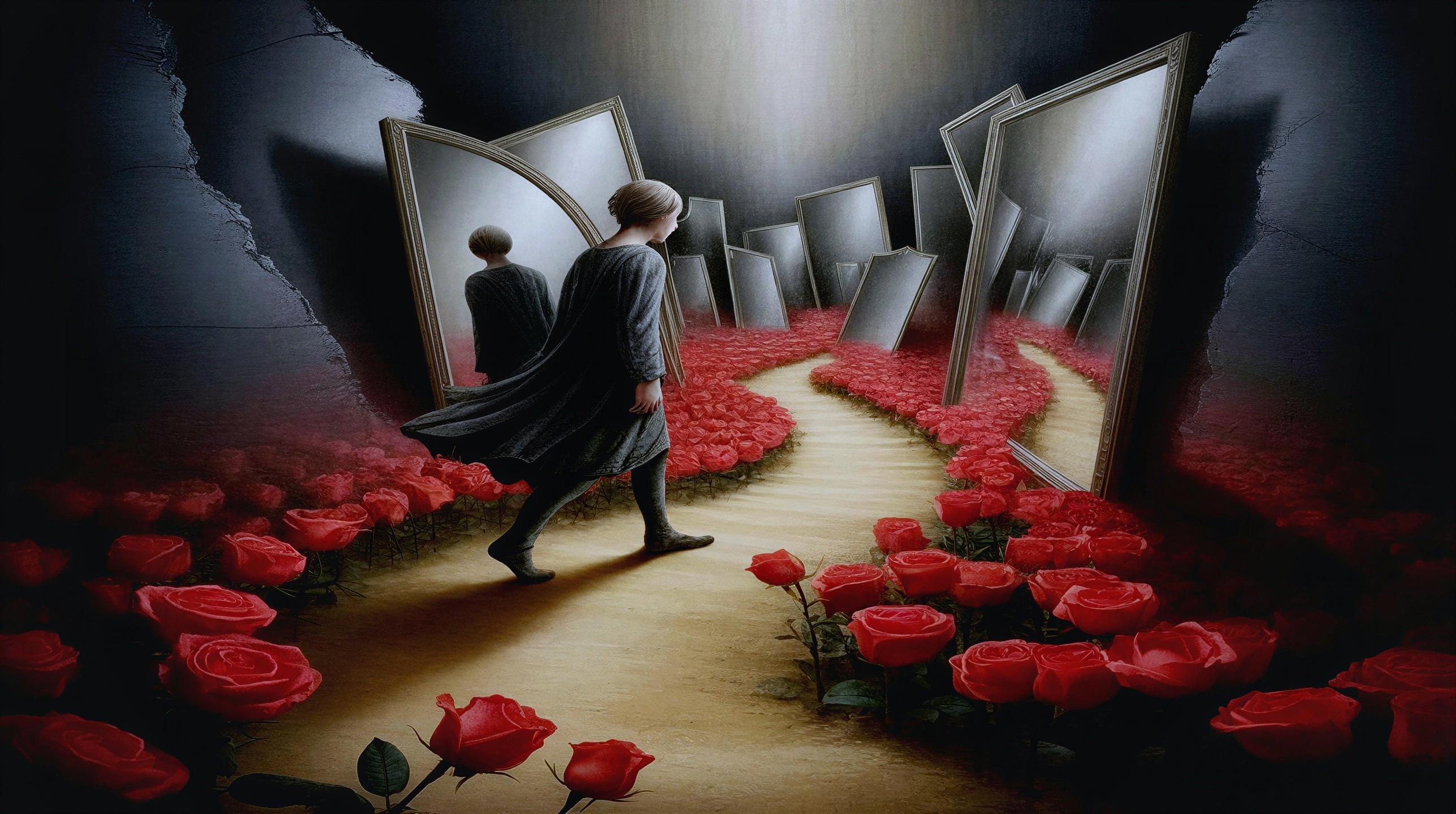 Surreal Landscape with Cloaked Figure and Roses