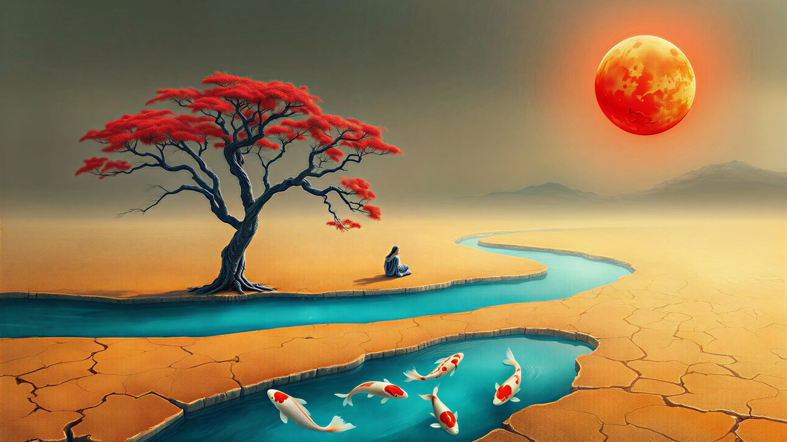 Surreal Landscape with River, Tree, and Solitary Figure