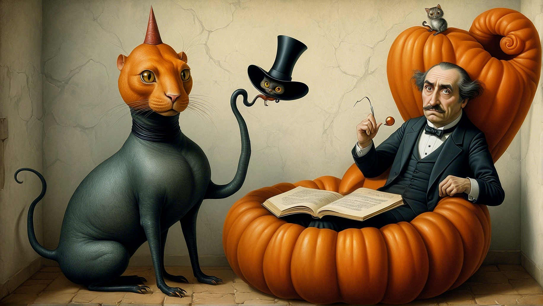 Whimsical Scene of Man and Surreal Cat in Pumpkin Chair