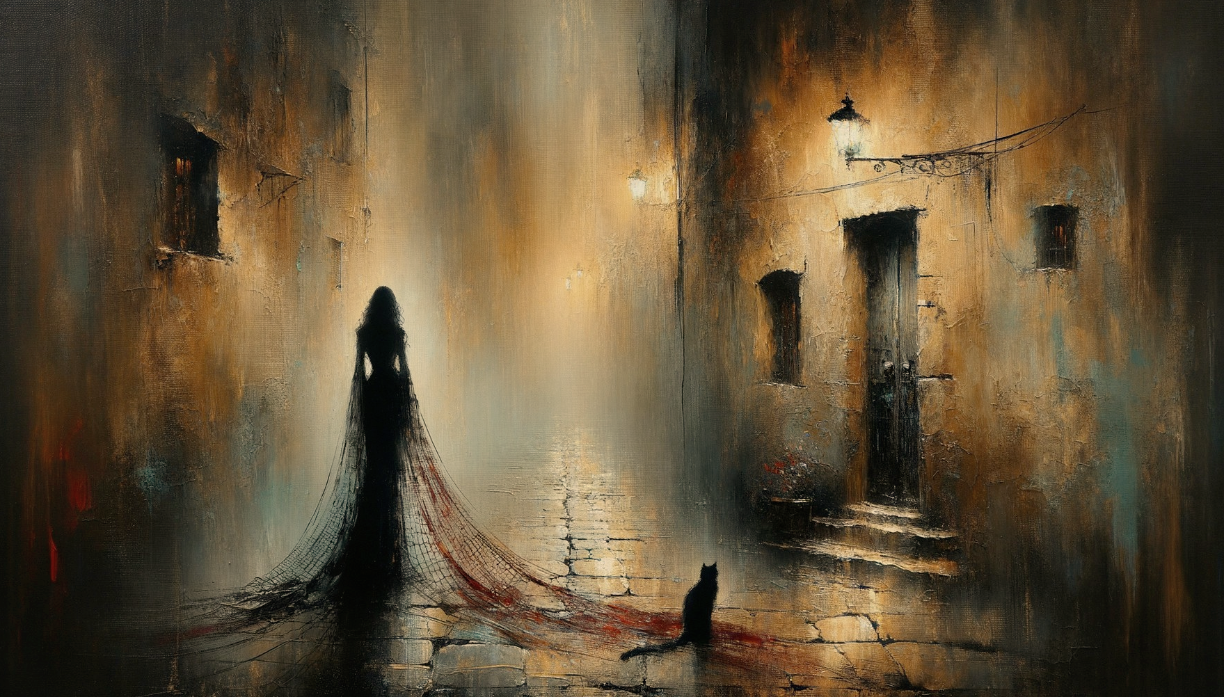 Mysterious Figure in Black Dress on Dim Street
