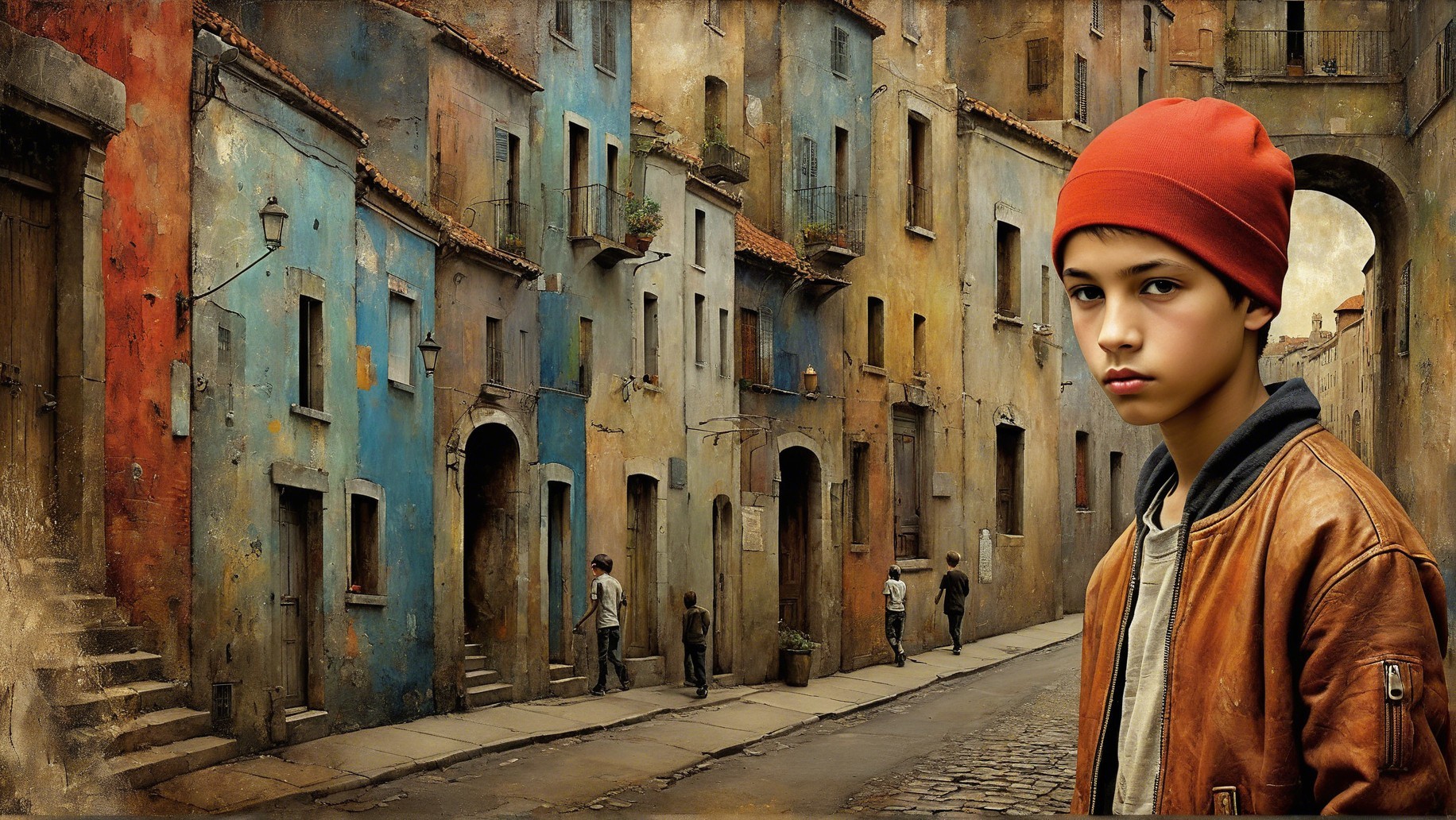Young boy in red beanie on cobblestone street scene