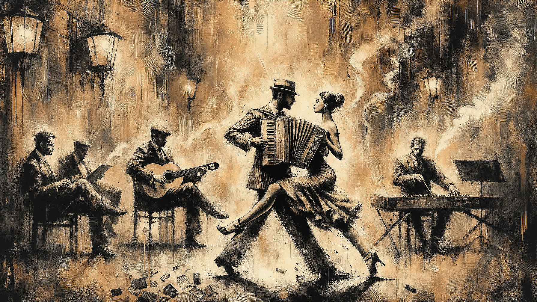 Vintage Tango Dance Scene with Musicians and Warm Colors