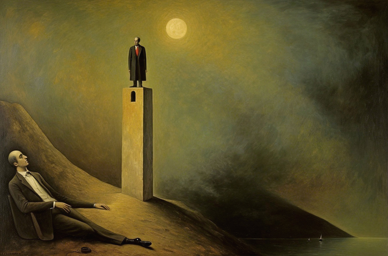 Surreal Painting of Figures Under Moonlit Sky