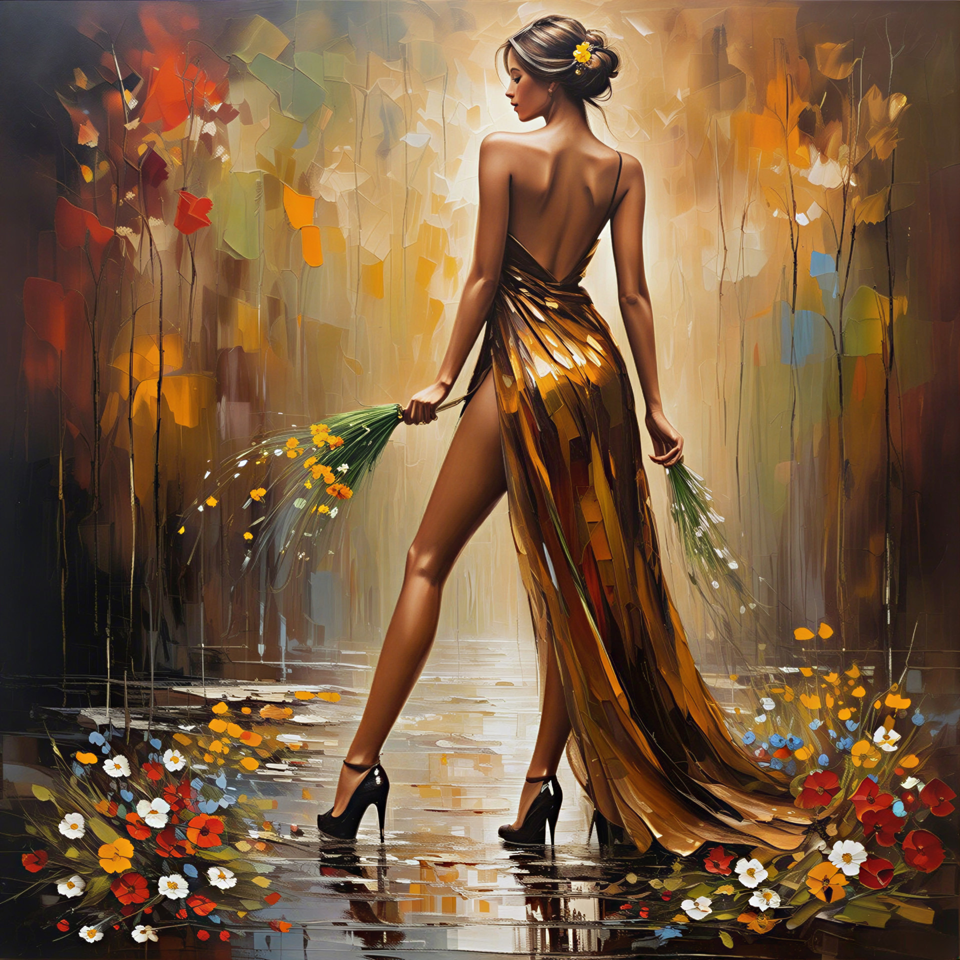 Golden Gown Figure Amidst Autumn Foliage and Blooms