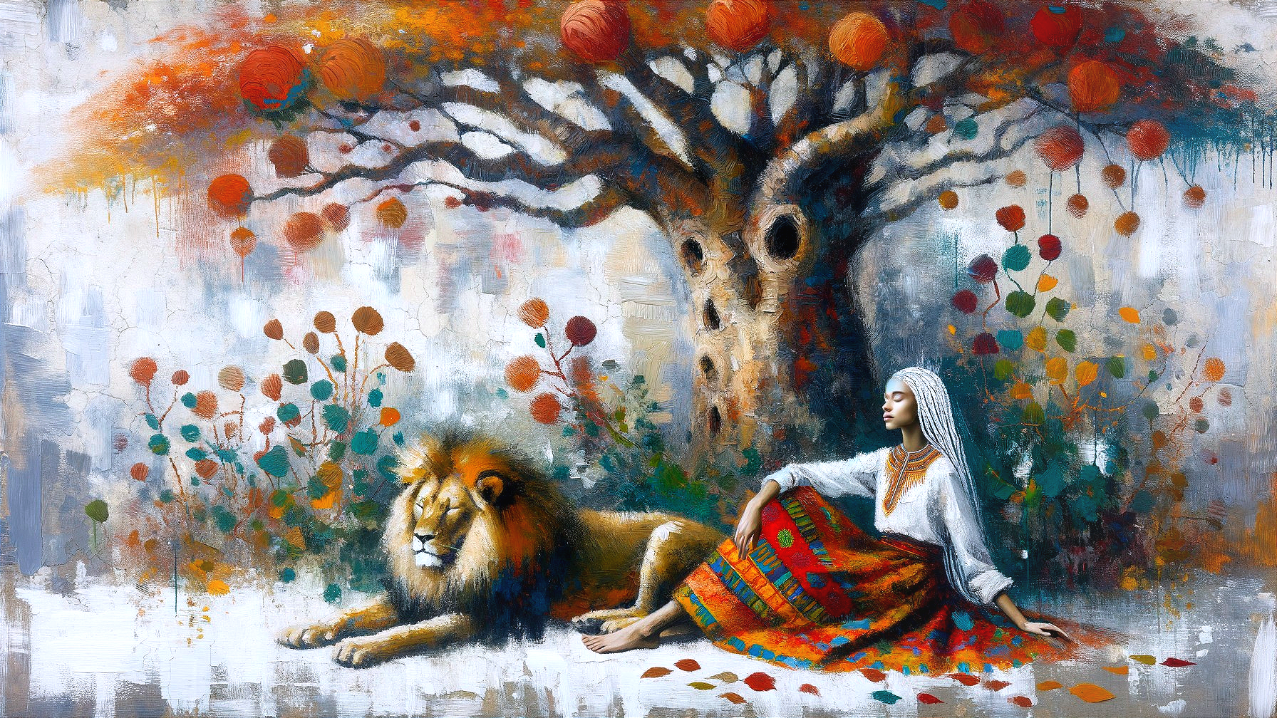 Woman in Traditional Attire with Majestic Lion Scene