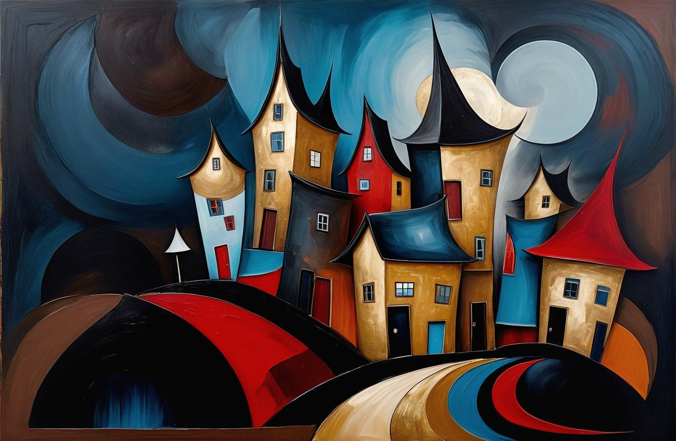 Abstract Painting of Whimsical Houses and Moonlit Sky