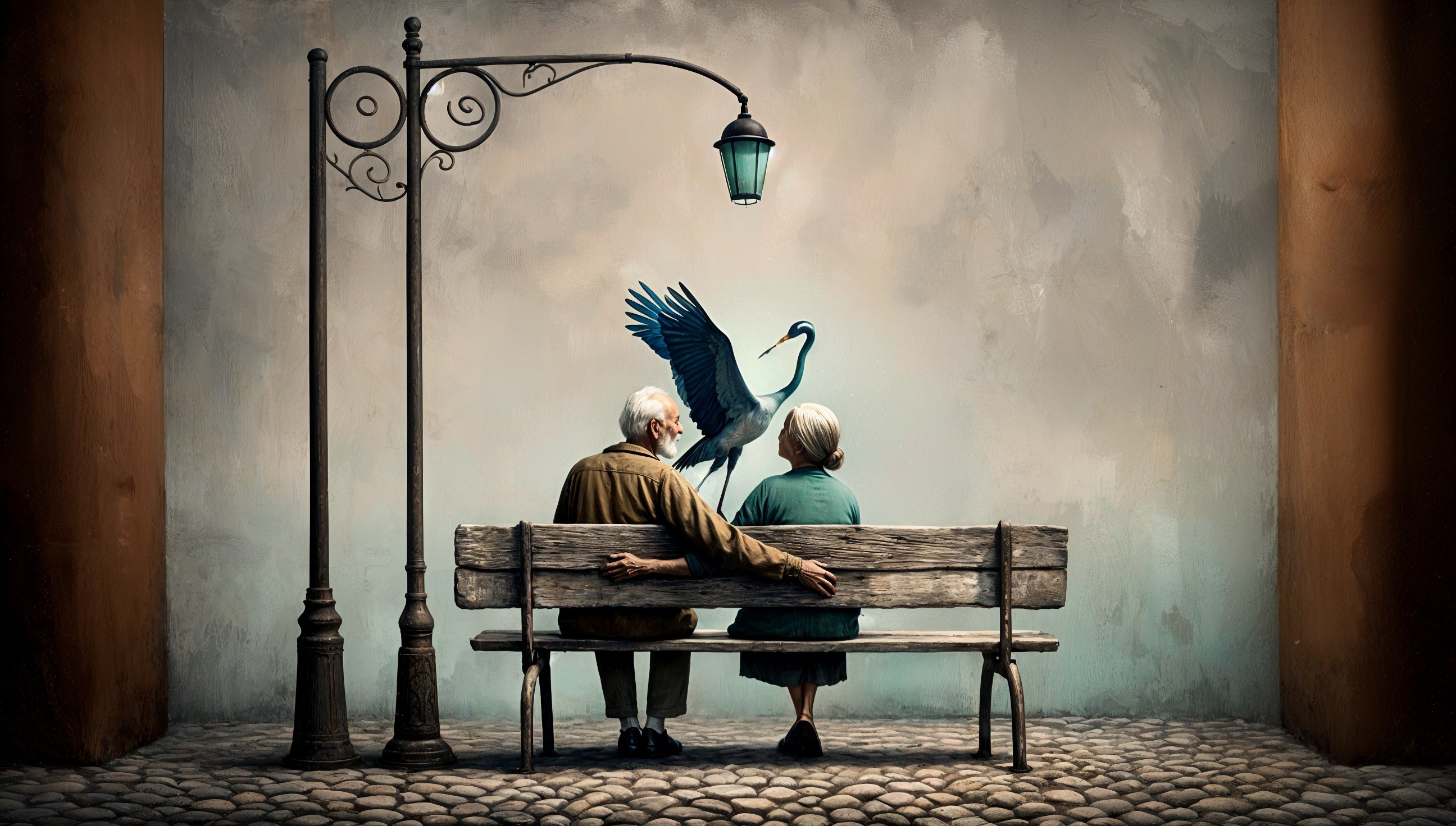 Elderly Couple on Bench with Crane and Streetlamp
