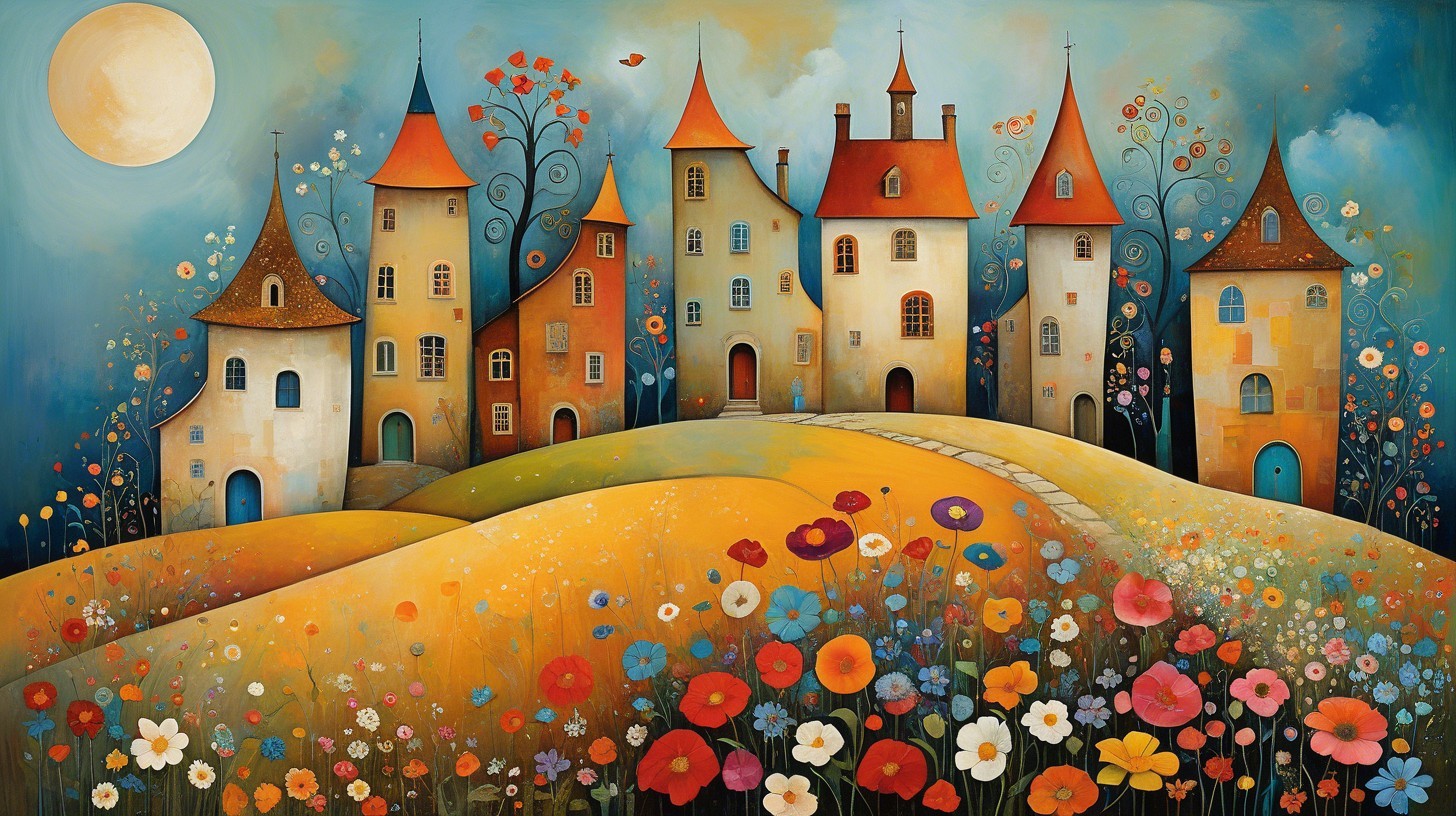 Whimsical Landscape with Colorful Houses and Moon