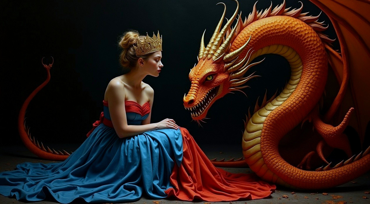 Regal Woman in Gown Beside Fiery Orange Dragon