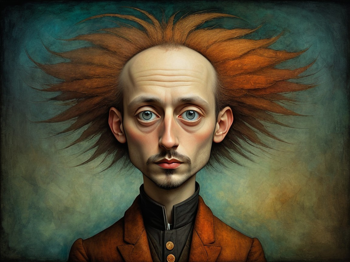 Whimsical portrait of a man with flame-like hairstyle