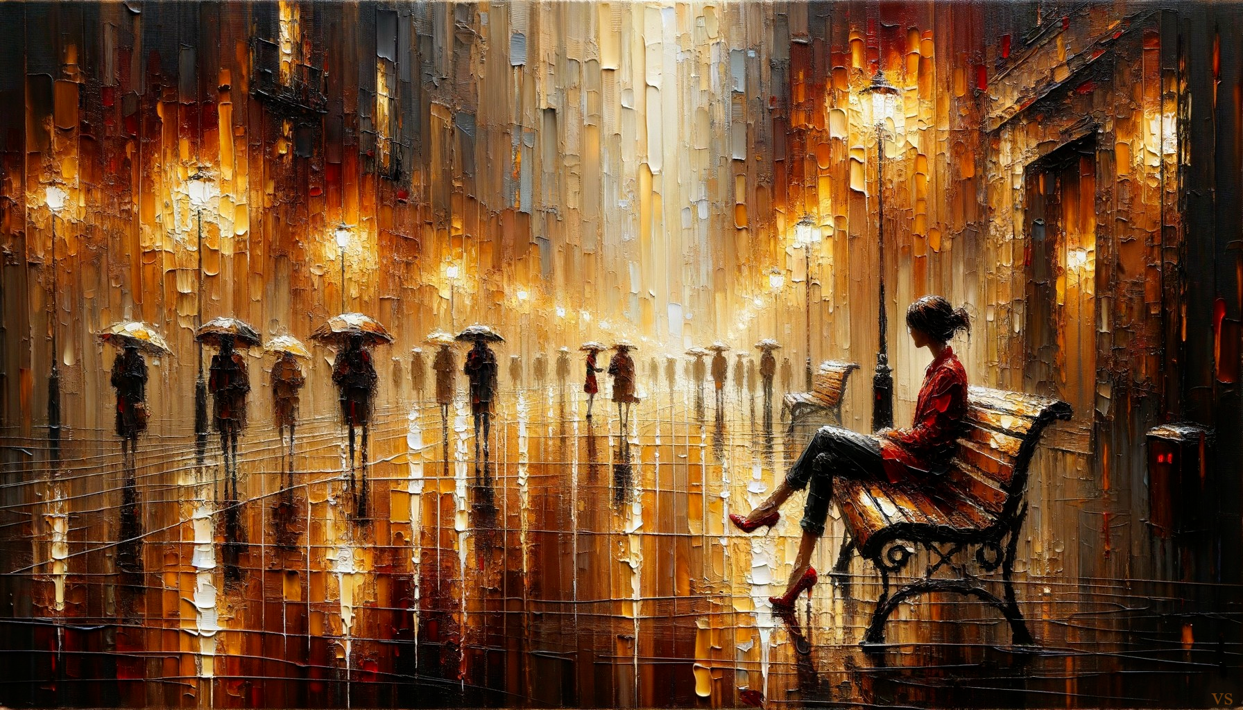 Rainy Evening Street Scene with Warm Golden Lights