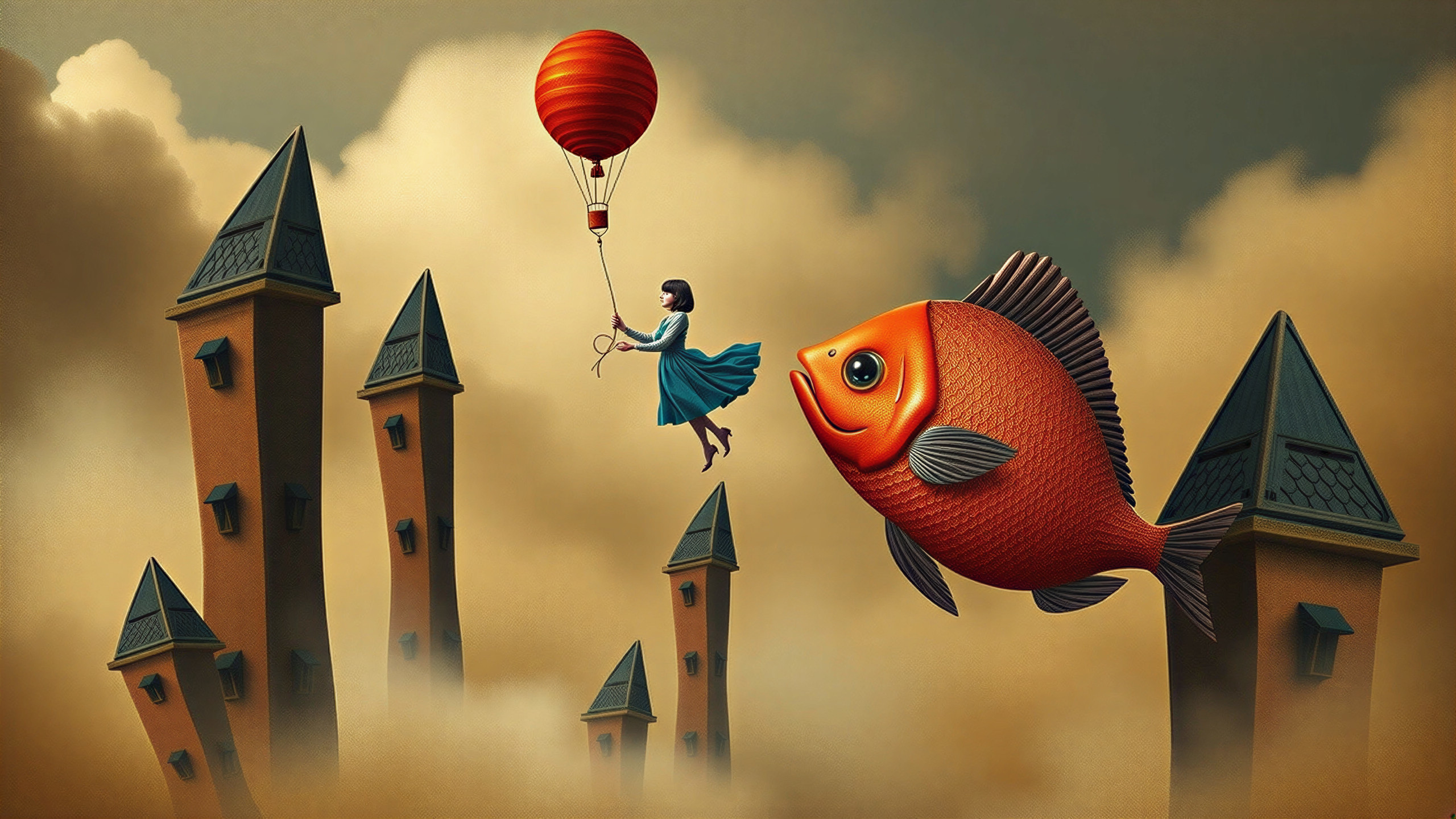 Whimsical Scene of Girl with Balloon and Goldfish