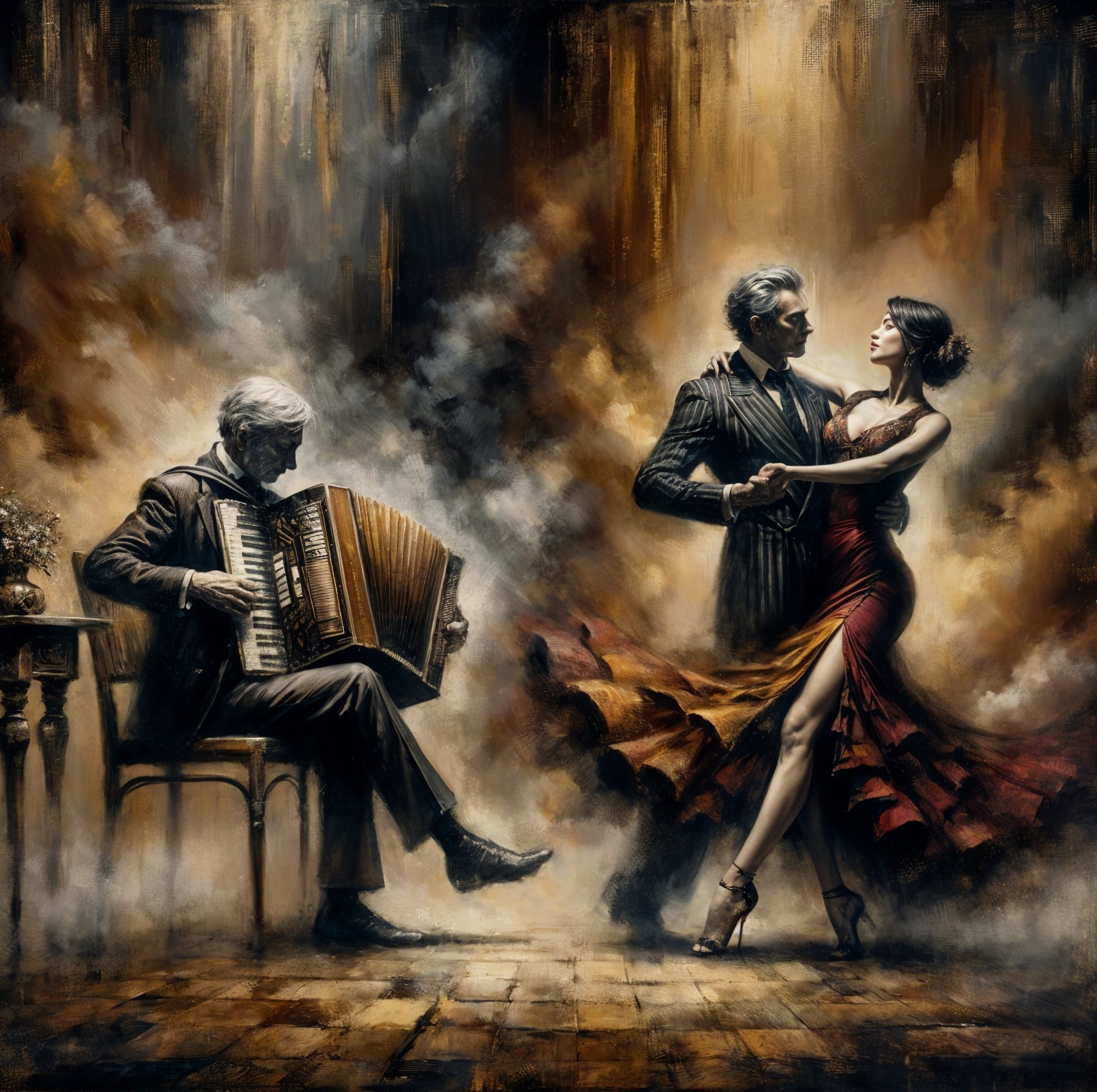 Elegant Tango Dance Scene with Red Dress and Accordion