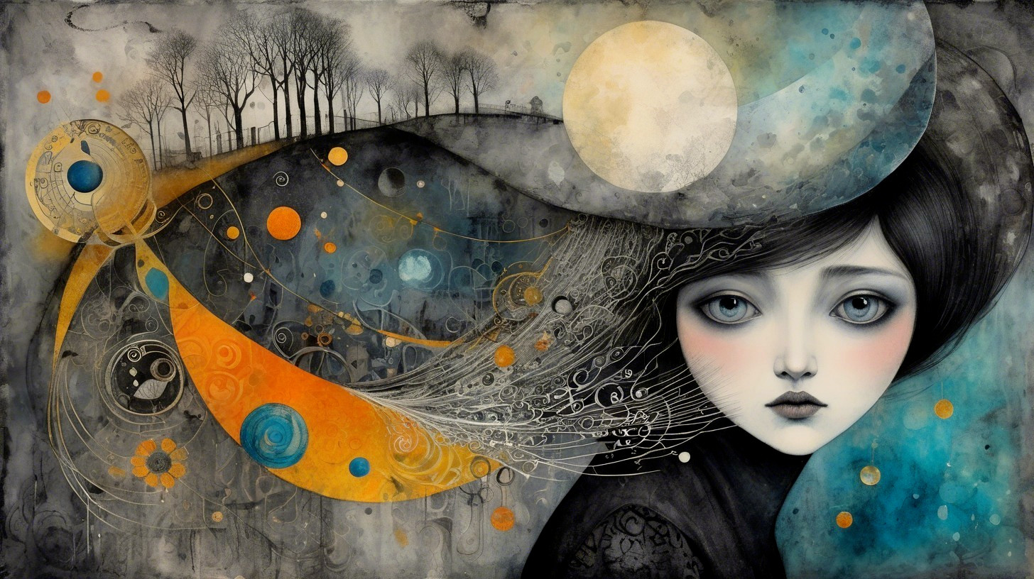 Melancholic Young Girl in Ethereal Colorful Landscape