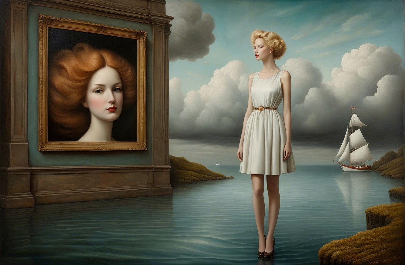 Surreal Scene of Woman by Reflective Water and Portrait