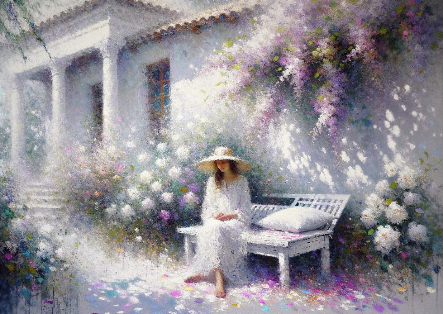 Serene Garden Scene with Woman in White Gown