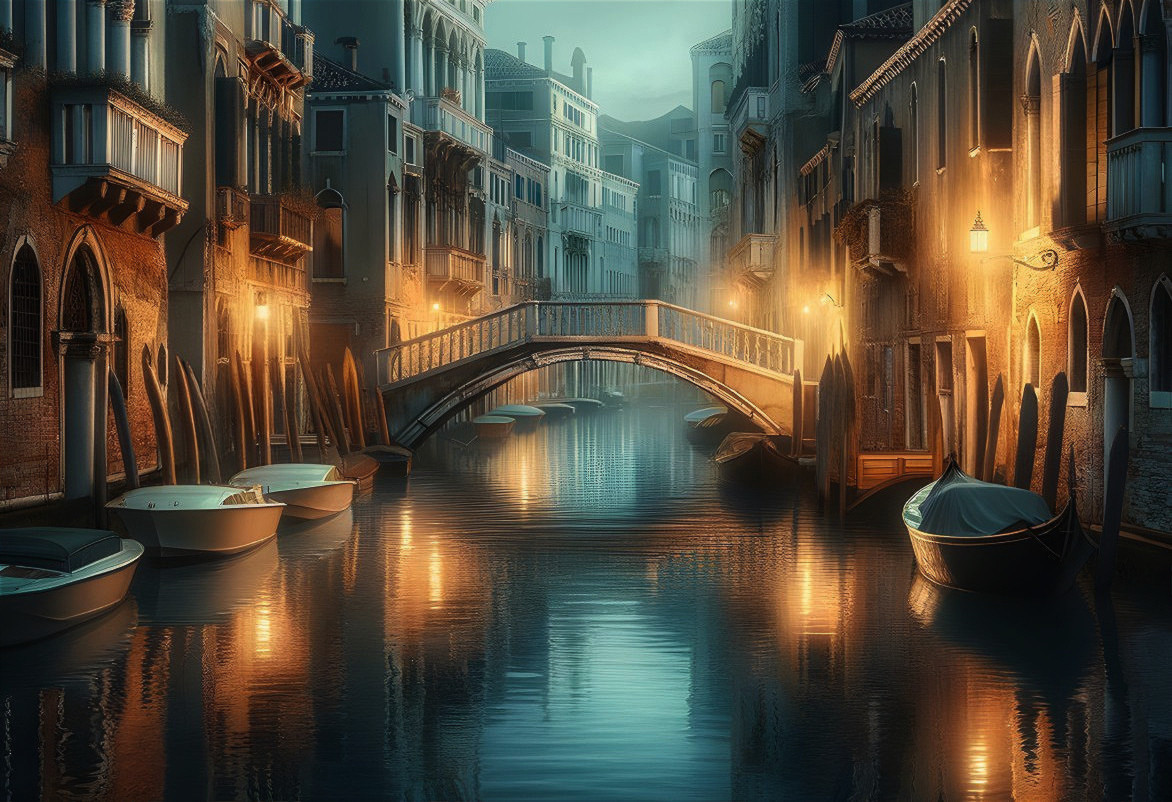 Serene Venice Canal with Warm Lights and Gondolas
