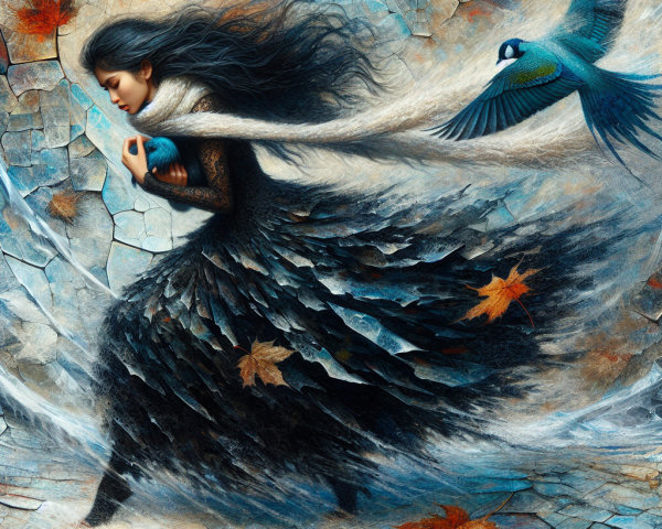 Mystical Figure in Feather Dress with Shimmering Orb