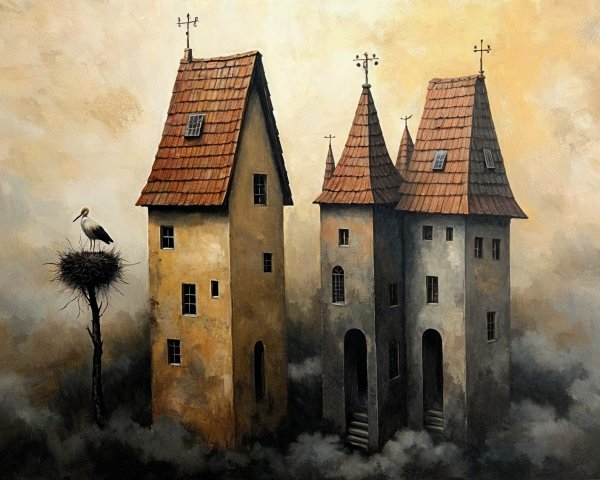 Whimsical Tall Houses in a Dreamlike Cloudy Setting