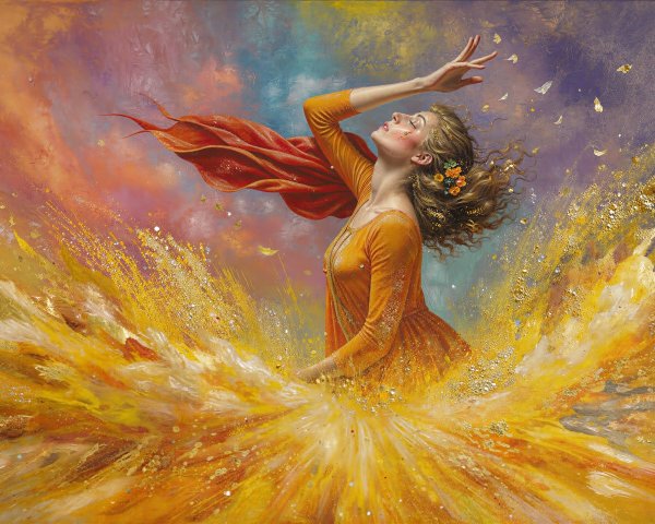 Oil Painting of Woman in Orange Dress Surrounded by Glitter