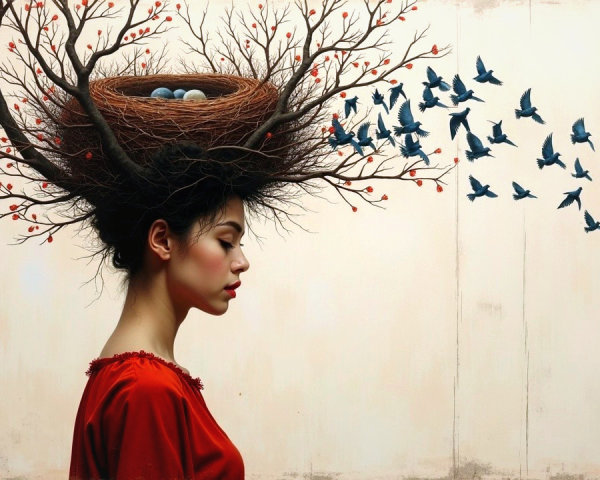 Woman with Nest Hairstyle and Blue Eggs in Profile