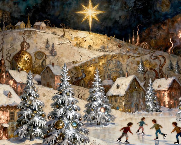 Intricate winter village scene under a starry sky