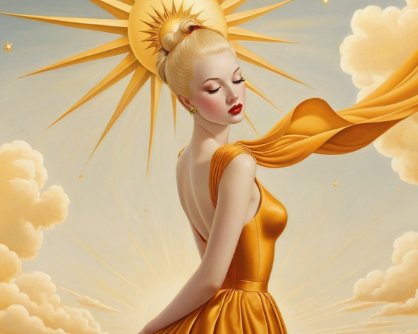 Woman in Golden Gown with Ethereal Sunlit Background