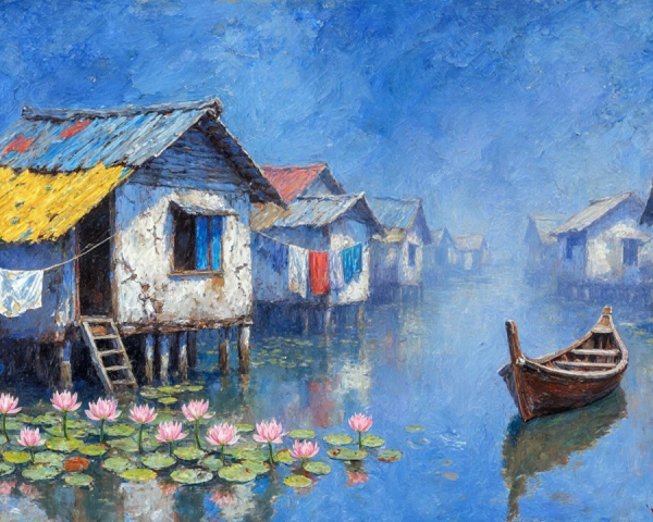 Charming Waterfront Scene with Wooden Houses and Lotus Flowers