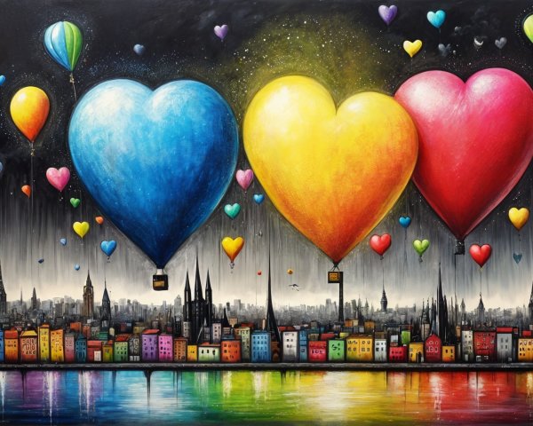 Colorful Cityscape with Heart-Shaped Hot Air Balloons