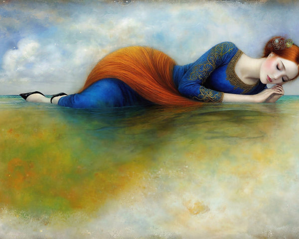 Red-haired woman in blue dress on watery surface