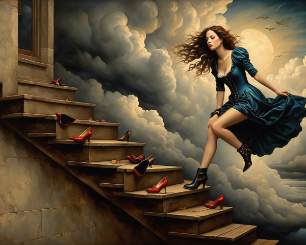 Woman in blue dress descends staircase under moonlight