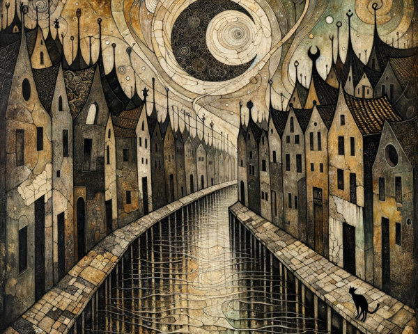 Whimsical Houses by a Serene Canal with Celestial Sky