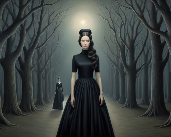 Elegant Women in Black Gowns in Dark Forest Setting