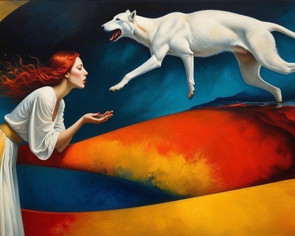 Surreal Painting of Woman, Dog, and Bold Colors