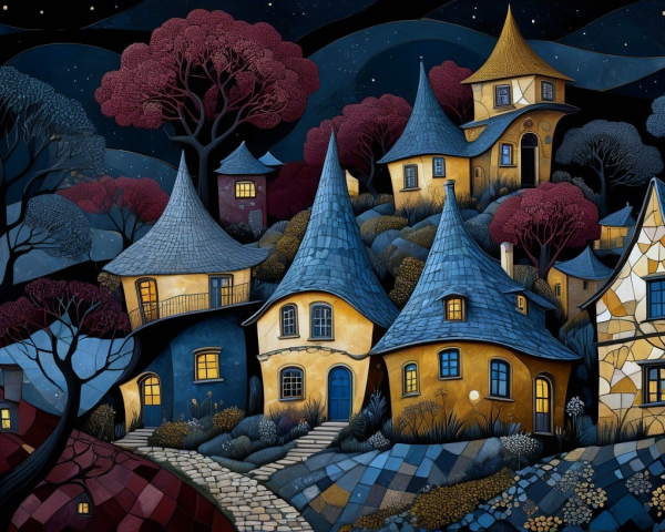Whimsical Night Village with Colorful Houses and Trees