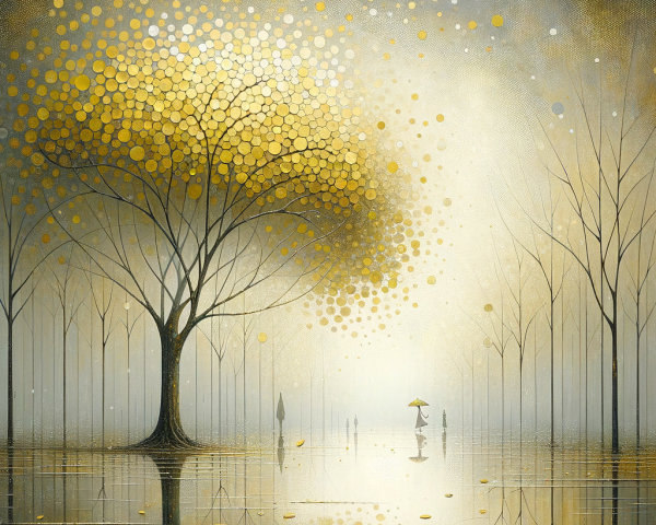 Serene Landscape with Golden Tree and Misty Water