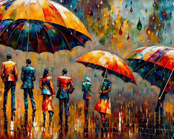 Impressionistic Scene of People with Colorful Umbrellas