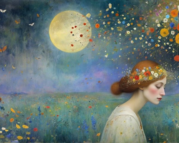 Serene Woman with Floral Crown Under Full Moon