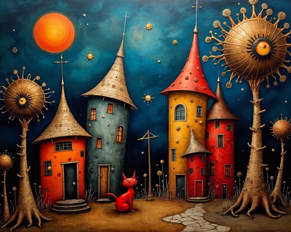 Whimsical Night Scene with Colorful Houses and Cat