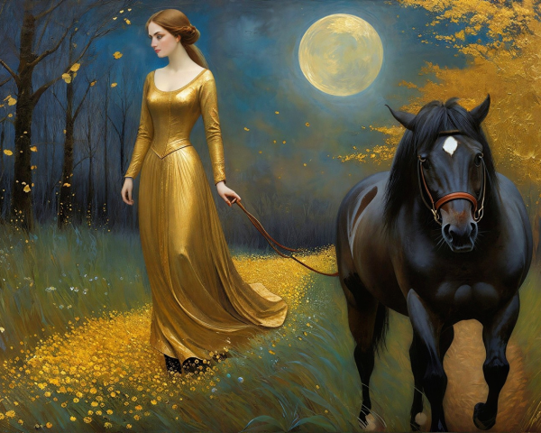Young Woman in Golden Dress with Brown Horse at Night