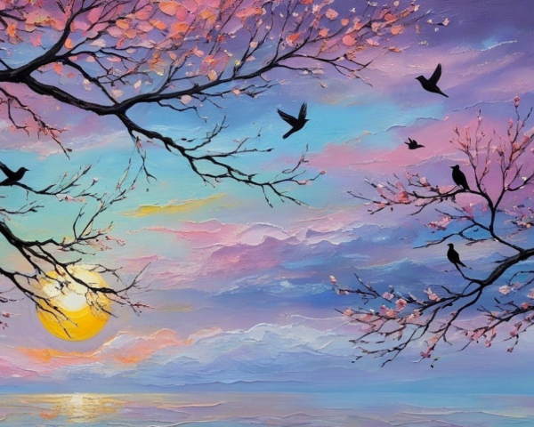 Vibrant Sunset Over Serene Landscape with Blossoms