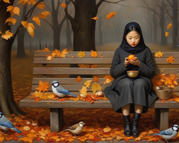 Serene Autumn Scene with Girl and Vibrant Leaves