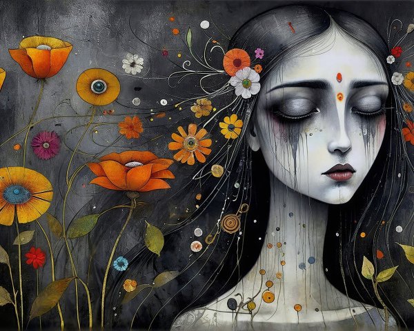 Portrait of a Serene Girl Surrounded by Flowers