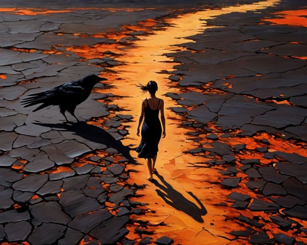 A figure on an orange path in a cracked landscape