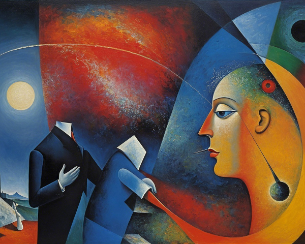 Abstract Painting of Faceless Figure and Colorful Profile