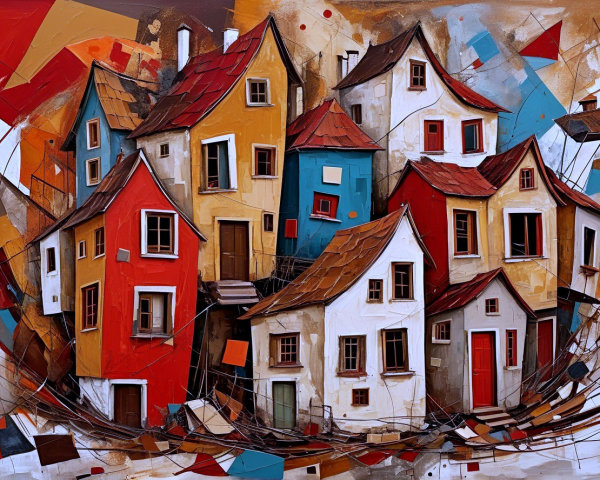Whimsical Colorful Houses Against Abstract Background
