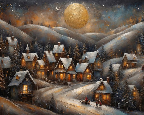 Magical Town Scene Under Starry Night Sky
