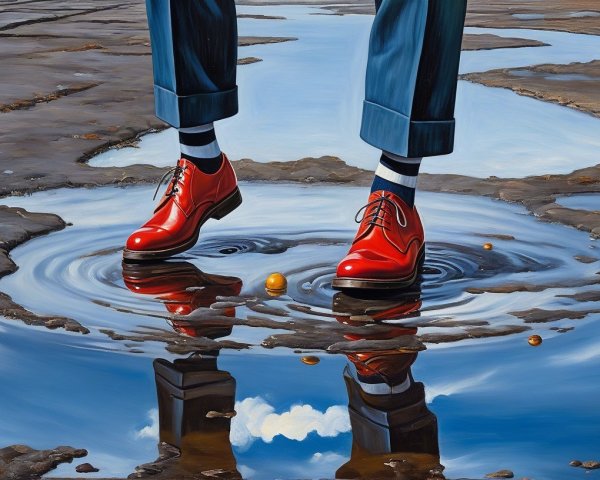 Close-up of Red Shoes and Puddle Reflection Scene