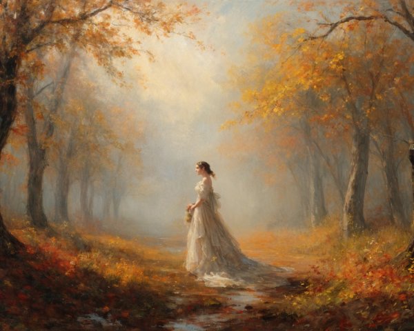 Autumn Landscape with Woman in White Dress and Bouquet