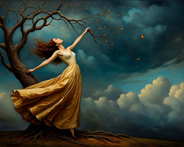 Woman in Golden Dress Beside Gnarled Tree and Butterflies